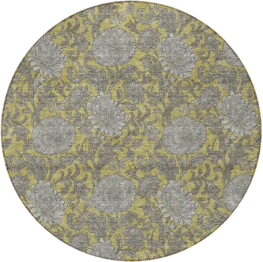 8' Gold Gray And Charcoal Round Floral Washable Indoor Outdoor Area Rug Photo 8