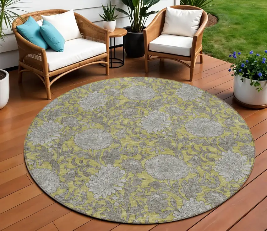 8' Gold Gray And Charcoal Round Floral Washable Indoor Outdoor Area Rug Photo 1