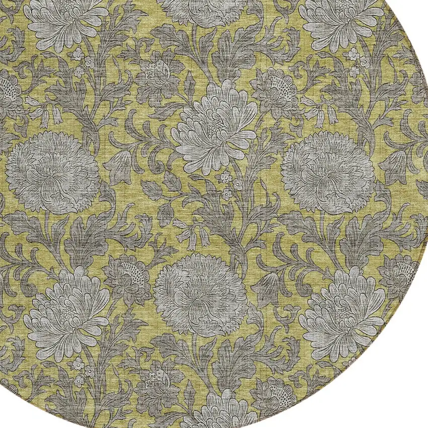 8' Gold Gray And Charcoal Round Floral Washable Indoor Outdoor Area Rug Photo 7