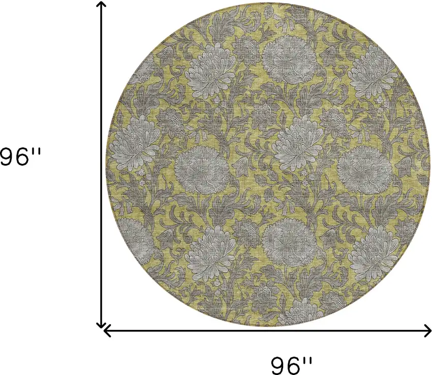 8' Gold Gray And Charcoal Round Floral Washable Indoor Outdoor Area Rug Photo 3