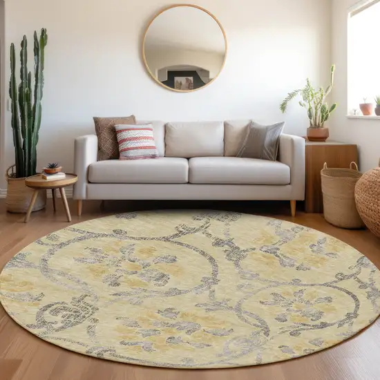 8' Gold Gray And Charcoal Round Floral Washable Indoor Outdoor Area Rug Photo 6
