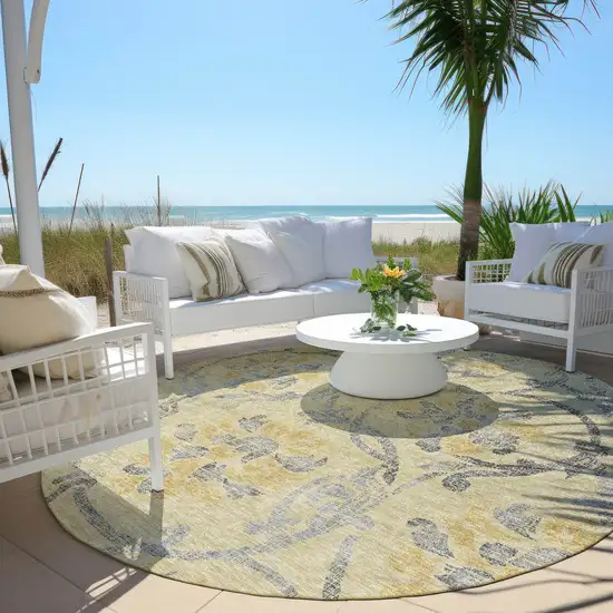 8' Gold Gray And Charcoal Round Floral Washable Indoor Outdoor Area Rug Photo 5