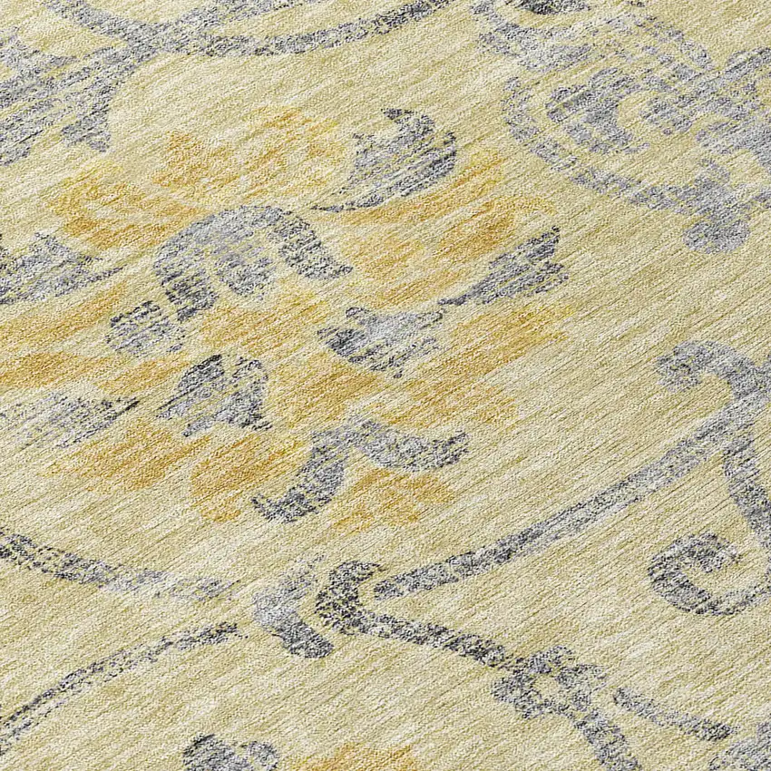 8' Gold Gray And Charcoal Round Floral Washable Indoor Outdoor Area Rug Photo 8