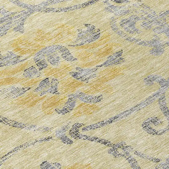 8' Gold Gray And Charcoal Round Floral Washable Indoor Outdoor Area Rug Photo 8