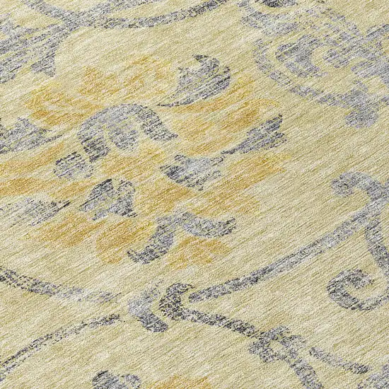 8' Gold Gray And Charcoal Round Floral Washable Indoor Outdoor Area Rug Photo 8