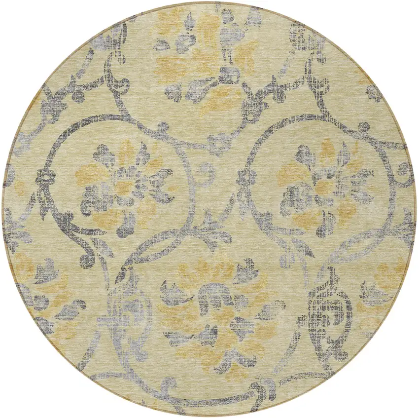 8' Gold Gray And Charcoal Round Floral Washable Indoor Outdoor Area Rug Photo 4