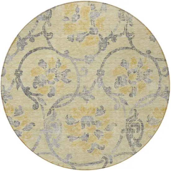 8' Gold Gray And Charcoal Round Floral Washable Indoor Outdoor Area Rug Photo 4