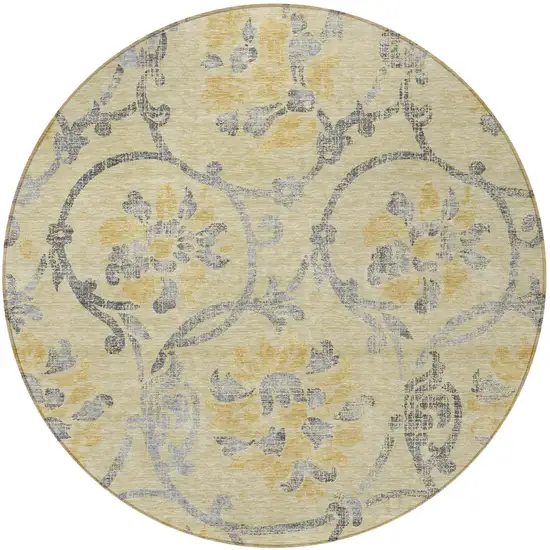 8' Gold Gray And Charcoal Round Floral Washable Indoor Outdoor Area Rug Photo 4