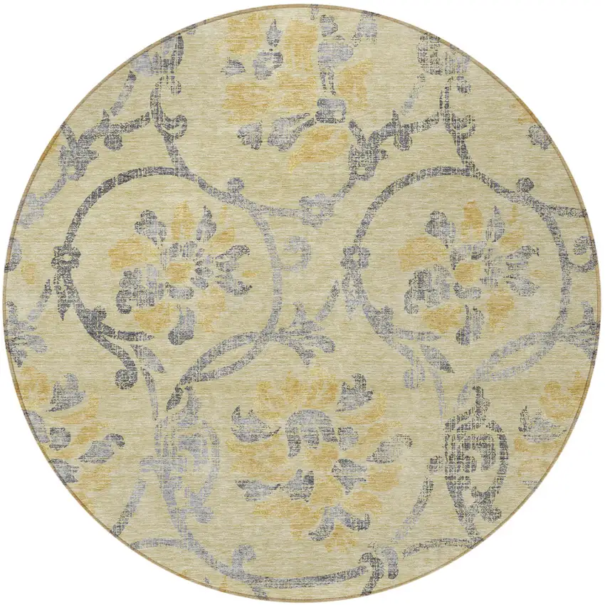 8' Gold Gray And Charcoal Round Floral Washable Indoor Outdoor Area Rug Photo 4