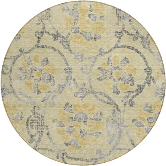 8' Gold Gray And Charcoal Round Floral Washable Indoor Outdoor Area Rug Photo 1