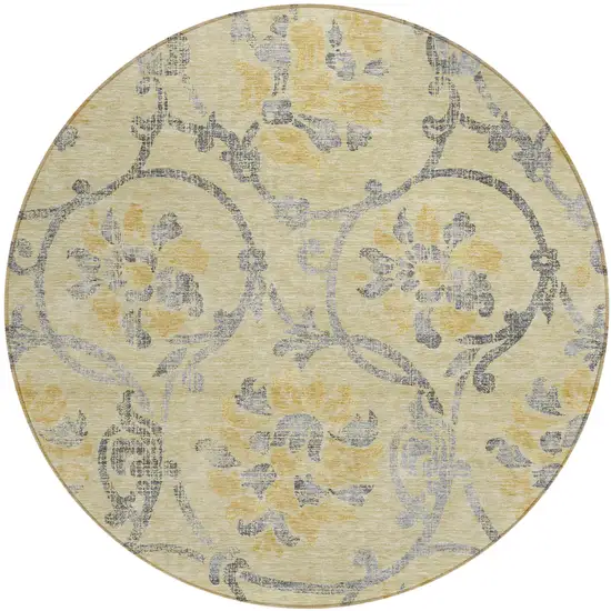 8' Gold Gray And Charcoal Round Floral Washable Indoor Outdoor Area Rug Photo 1
