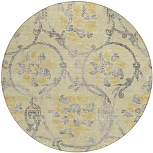Photo of 8' Gold Gray And Charcoal Round Floral Washable Indoor Outdoor Area Rug