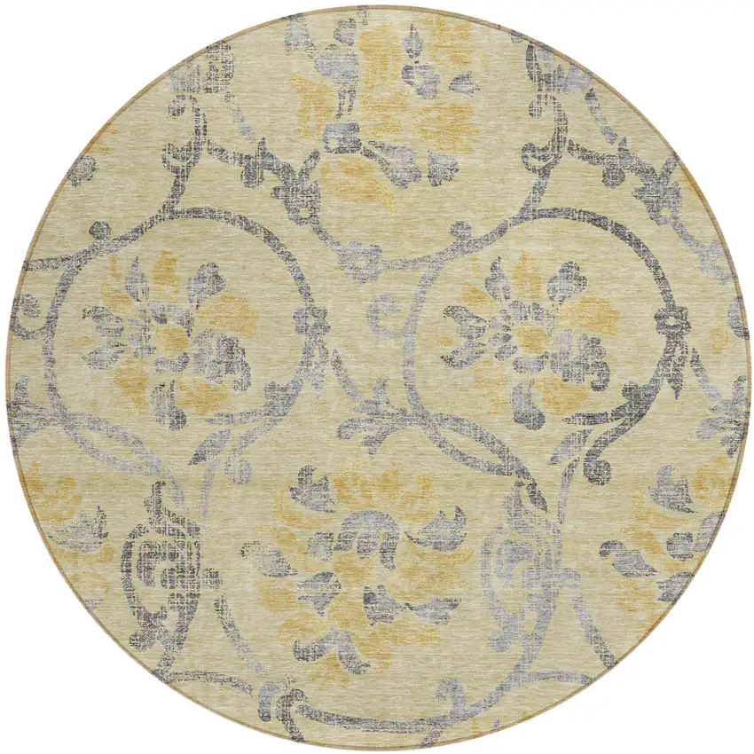 8' Gold Gray And Charcoal Round Floral Washable Indoor Outdoor Area Rug Photo 1