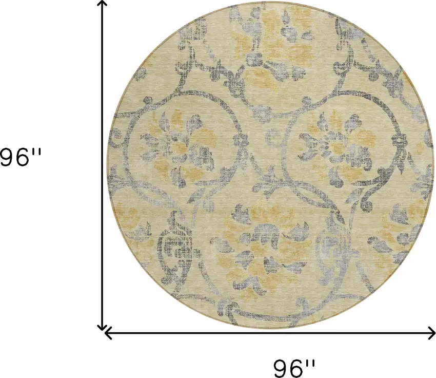 8' Gold Gray And Charcoal Round Floral Washable Indoor Outdoor Area Rug Photo 7