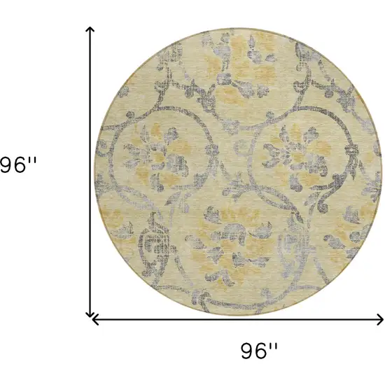 8' Gold Gray And Charcoal Round Floral Washable Indoor Outdoor Area Rug Photo 7