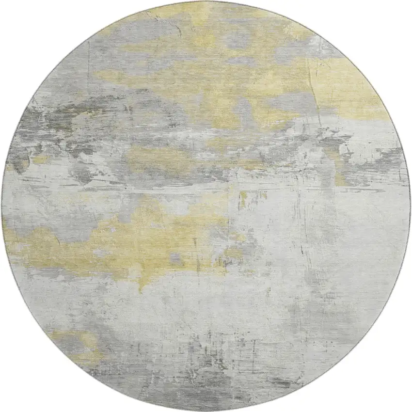 8' Gold Gray And Ivory Abstract Washable Round Rug With UV Protection Photo 1