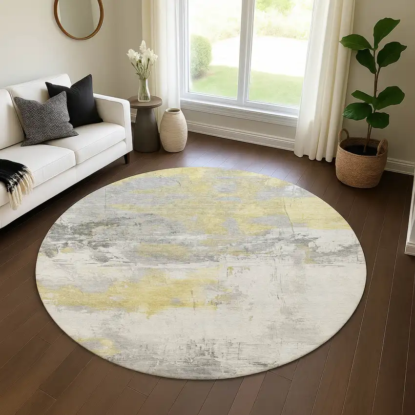 8' Gold Gray And Ivory Abstract Washable Round Rug With UV Protection Photo 4