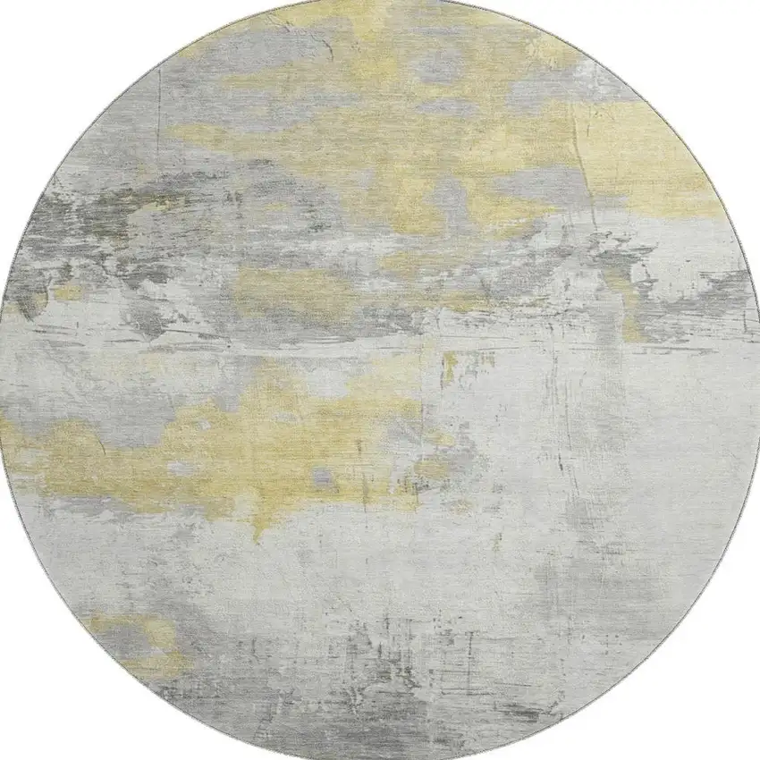 8' Gold Gray And Ivory Abstract Washable Round Rug With UV Protection Photo 3
