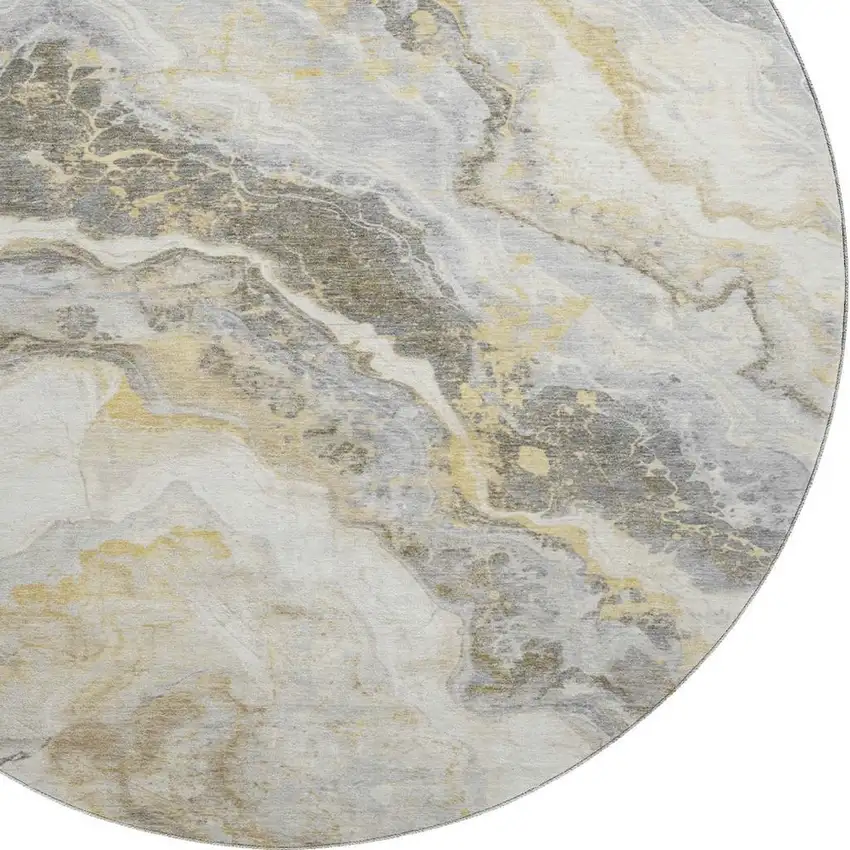 8' Gold Gray And Ivory Abstract Washable Round Rug With UV Protection Photo 2
