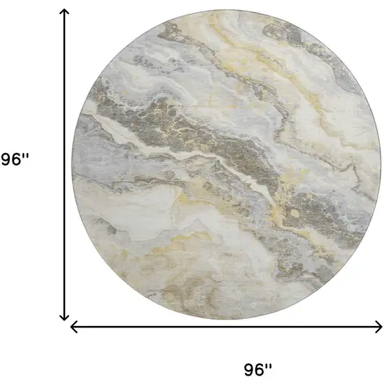 8' Gold Gray And Ivory Abstract Washable Round Rug With UV Protection Photo 9