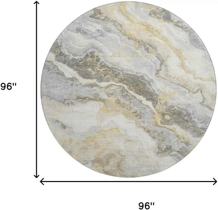 8' Gold Gray And Ivory Abstract Washable Round Rug With UV Protection Photo 9
