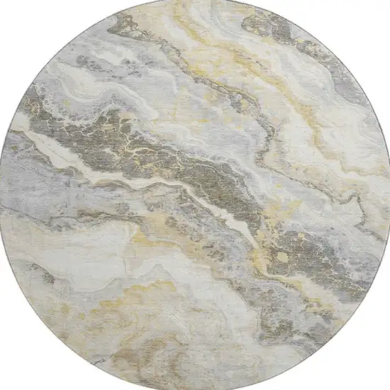 8' Gold Gray And Ivory Abstract Washable Round Rug With UV Protection Photo 3