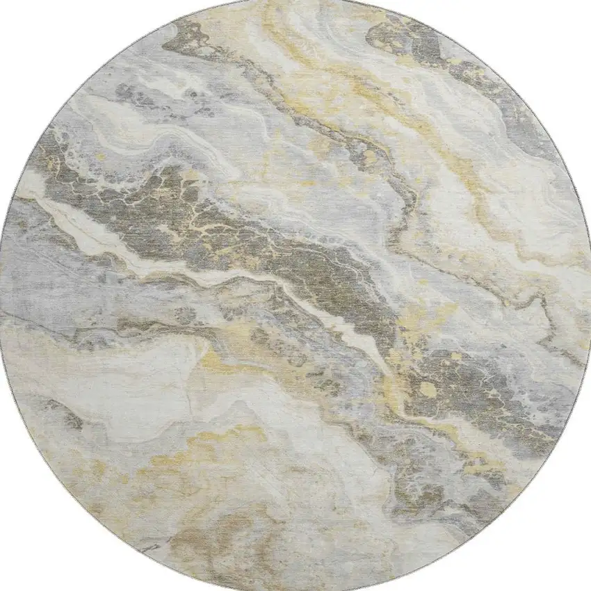 8' Gold Gray And Ivory Abstract Washable Round Rug With UV Protection Photo 3