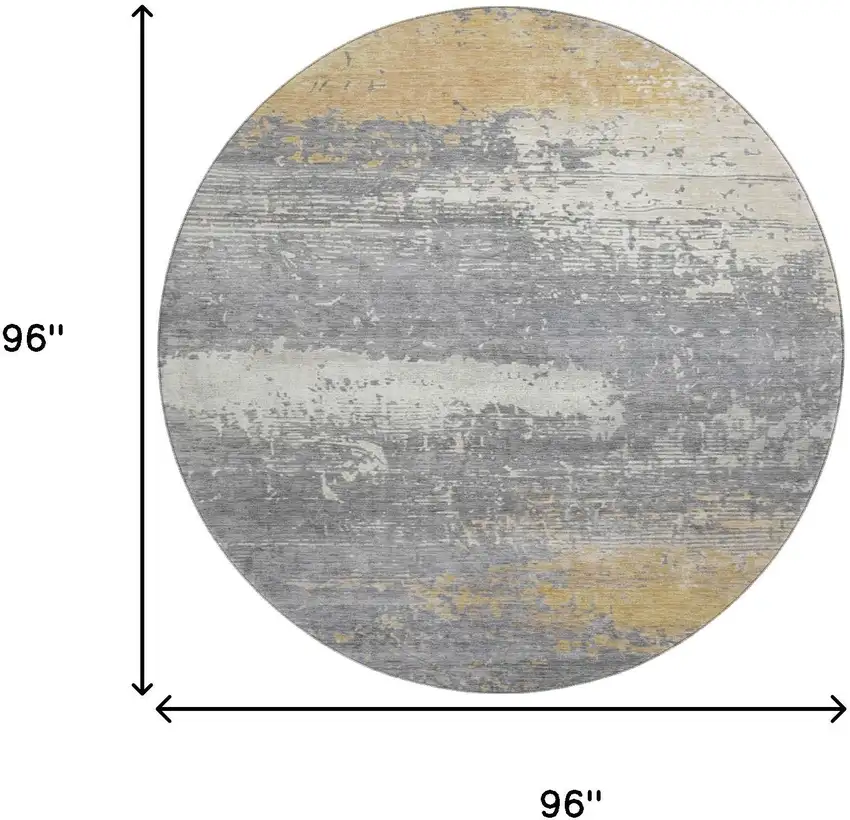 8' Gold Gray And Ivory Abstract Washable Round Rug With UV Protection Photo 9