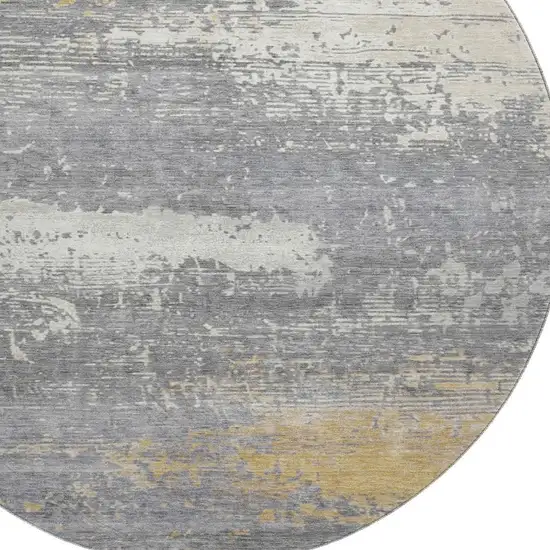 8' Gold Gray And Ivory Abstract Washable Round Rug With UV Protection Photo 2