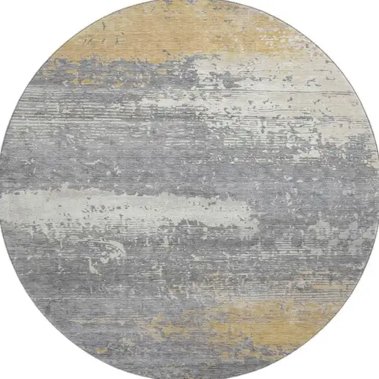 8' Gold Gray And Ivory Abstract Washable Round Rug With UV Protection Photo 3