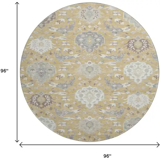 8' Gold Gray And Ivory Damask Washable Round Rug With UV Protection Photo 9