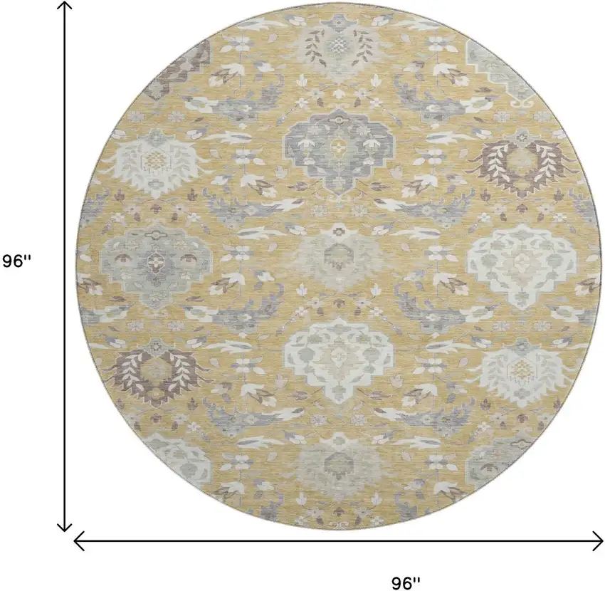 8' Gold Gray And Ivory Damask Washable Round Rug With UV Protection Photo 9
