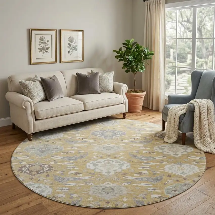 8' Gold Gray And Ivory Damask Washable Round Rug With UV Protection Photo 1