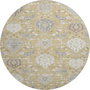 Photo of 8' Gold Gray And Ivory Damask Washable Round Rug With UV Protection