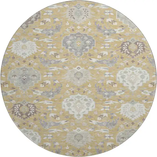 8' Gold Gray And Ivory Damask Washable Round Rug With UV Protection Photo 1