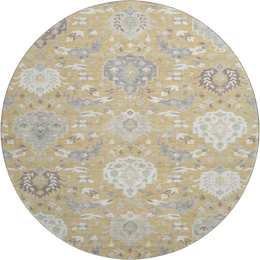8' Gold Gray And Ivory Damask Washable Round Rug With UV Protection Photo 1