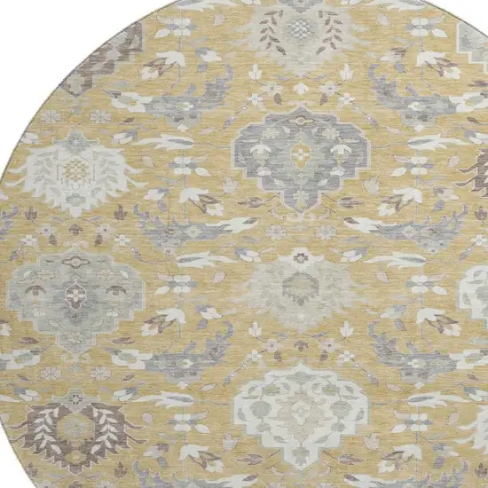 8' Gold Gray And Ivory Damask Washable Round Rug With UV Protection Photo 2