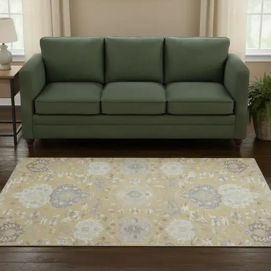 8' Gold Gray And Ivory Damask Washable Round Rug With UV Protection Photo 2