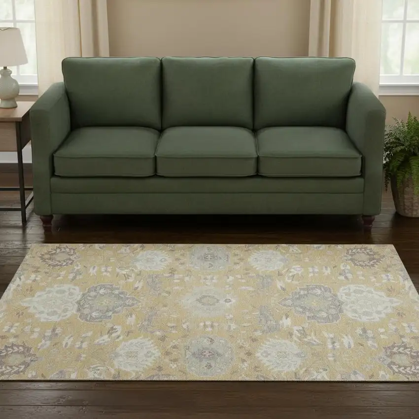 8' Gold Gray And Ivory Damask Washable Round Rug With UV Protection Photo 2