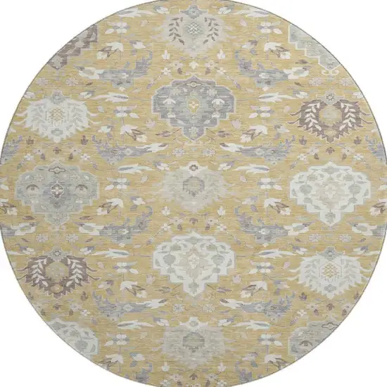 8' Gold Gray And Ivory Damask Washable Round Rug With UV Protection Photo 3