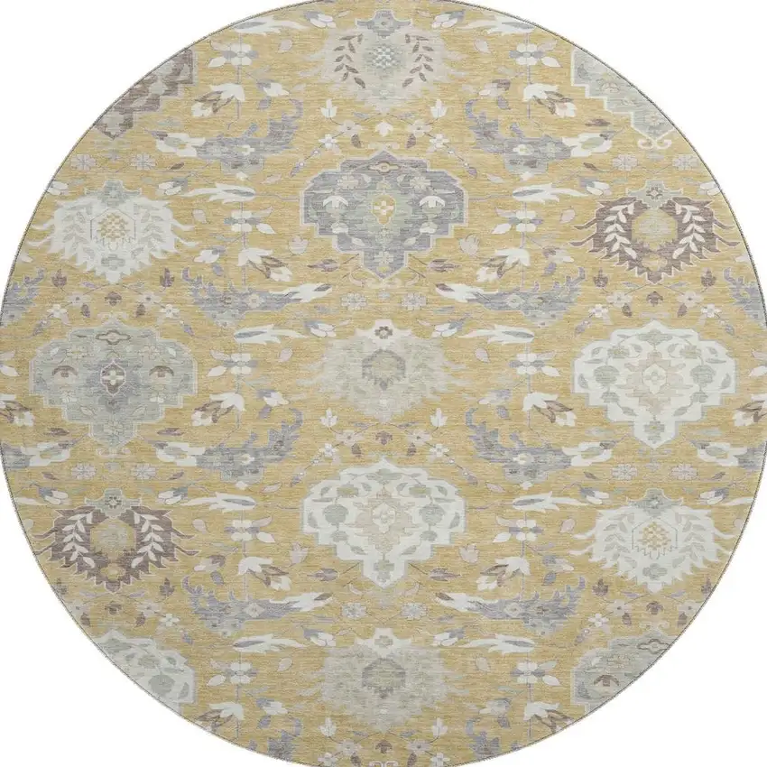 8' Gold Gray And Ivory Damask Washable Round Rug With UV Protection Photo 3