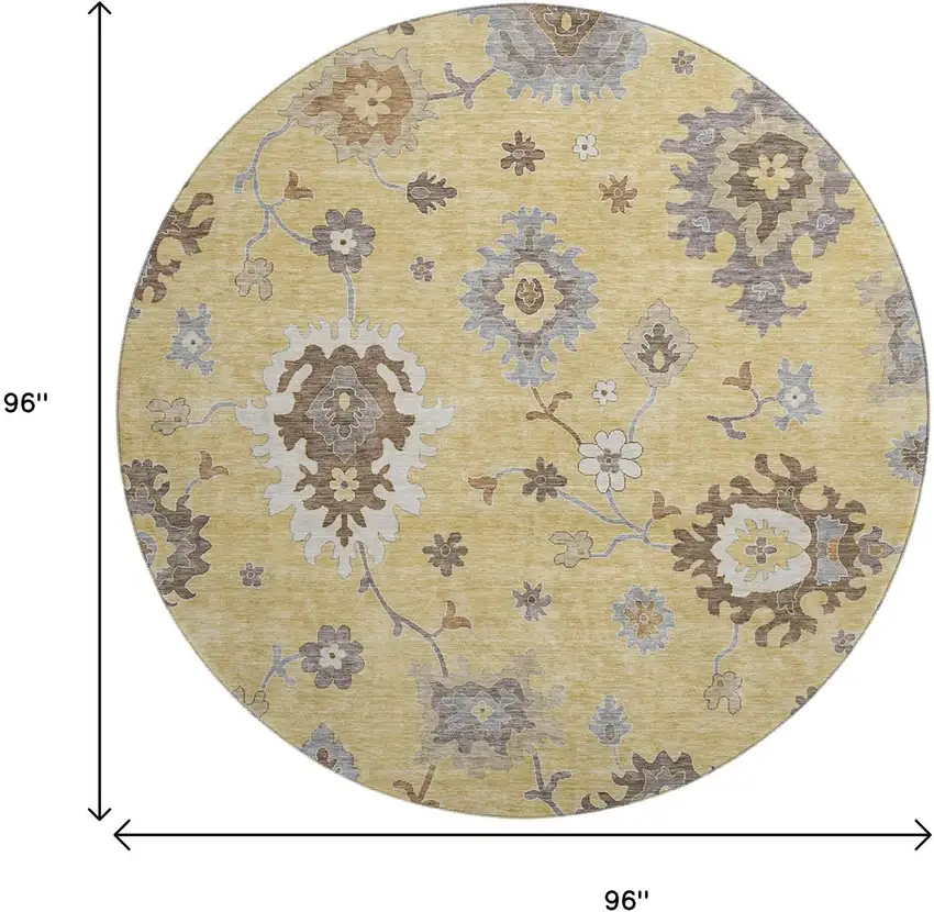 8' Gold Gray And Ivory Floral Medallion Washable Round Rug With UV Protection Photo 3