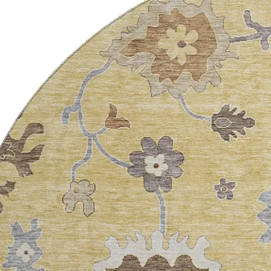 8' Gold Gray And Ivory Floral Medallion Washable Round Rug With UV Protection Photo 3