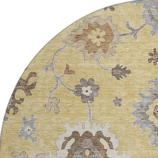 8' Gold Gray And Ivory Floral Medallion Washable Round Rug With UV Protection Photo 4