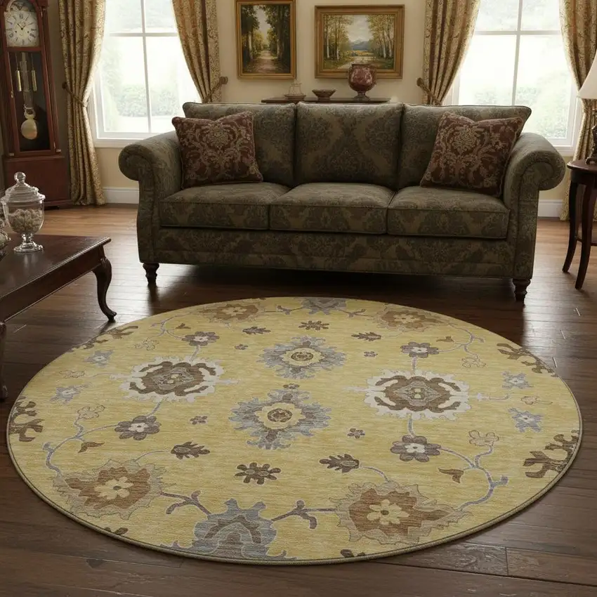 8' Gold Gray And Ivory Floral Medallion Washable Round Rug With UV Protection Photo 2