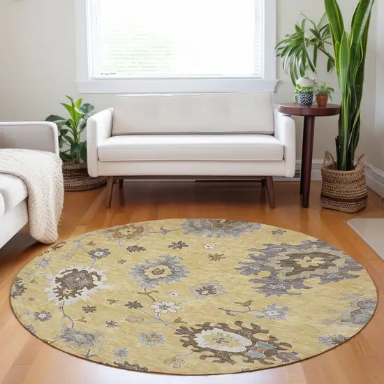 8' Gold Gray And Ivory Floral Medallion Washable Round Rug With UV Protection Photo 5