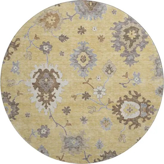 8' Gold Gray And Ivory Floral Medallion Washable Round Rug With UV Protection Photo 1