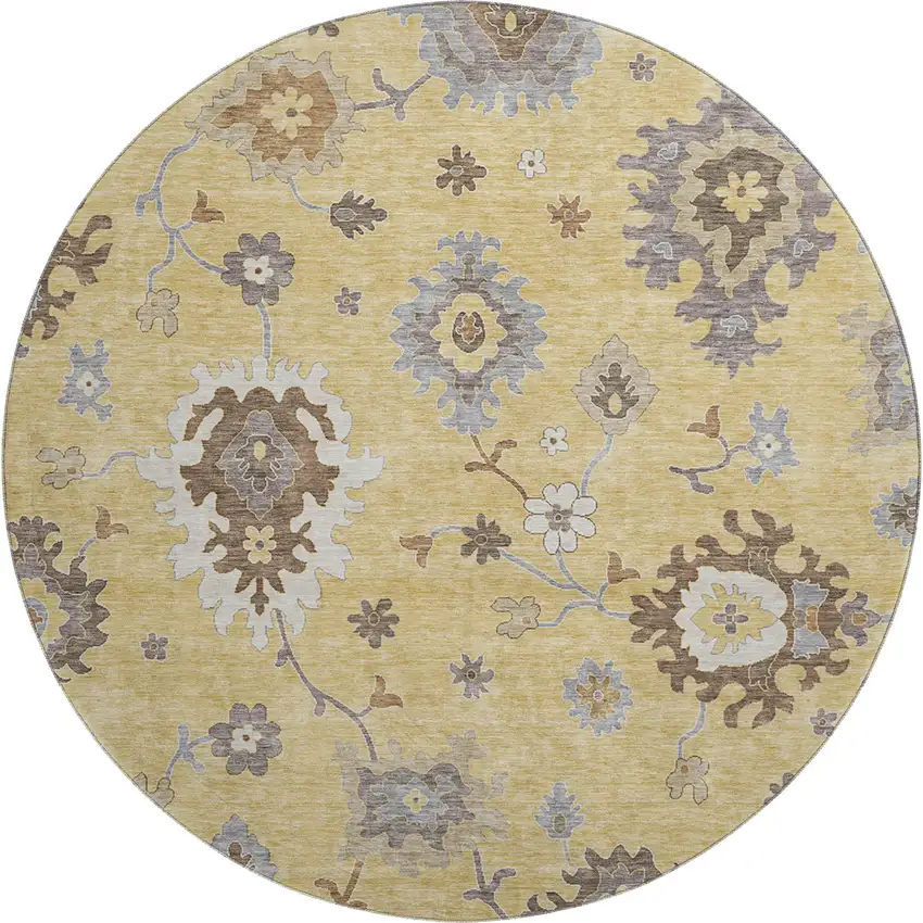 8' Gold Gray And Ivory Floral Medallion Washable Round Rug With UV Protection Photo 1
