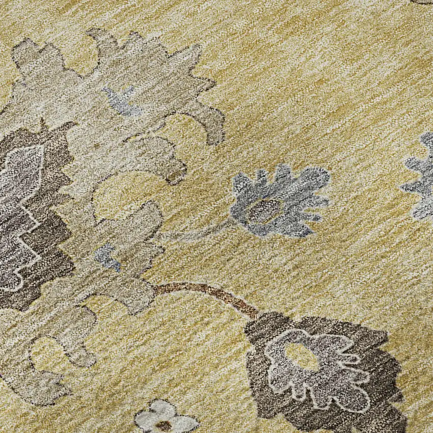 8' Gold Gray And Ivory Floral Medallion Washable Round Rug With UV Protection Photo 9