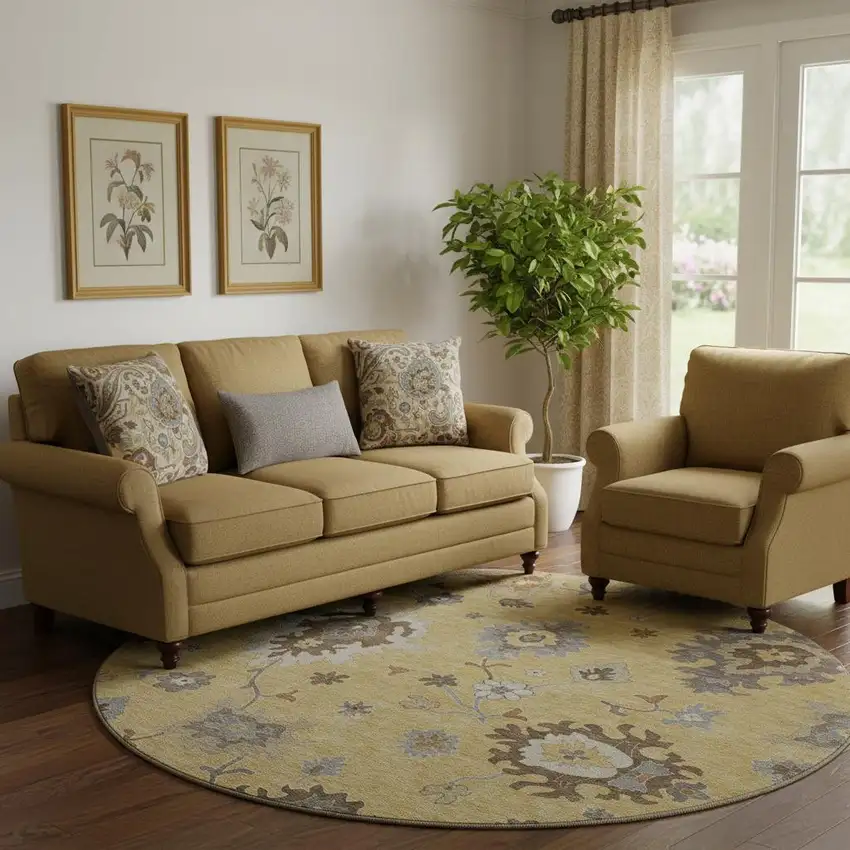 8' Gold Gray And Ivory Floral Medallion Washable Round Rug With UV Protection Photo 1